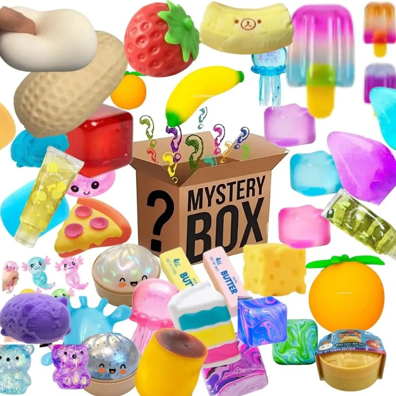 Mystery Box Blind Bag - 100個以上入りサプライズボックス、アソートノベルティスクイッシーフィギュアブラインドボックス、楽しいミステリーフィジェットストレス解消おもちゃ